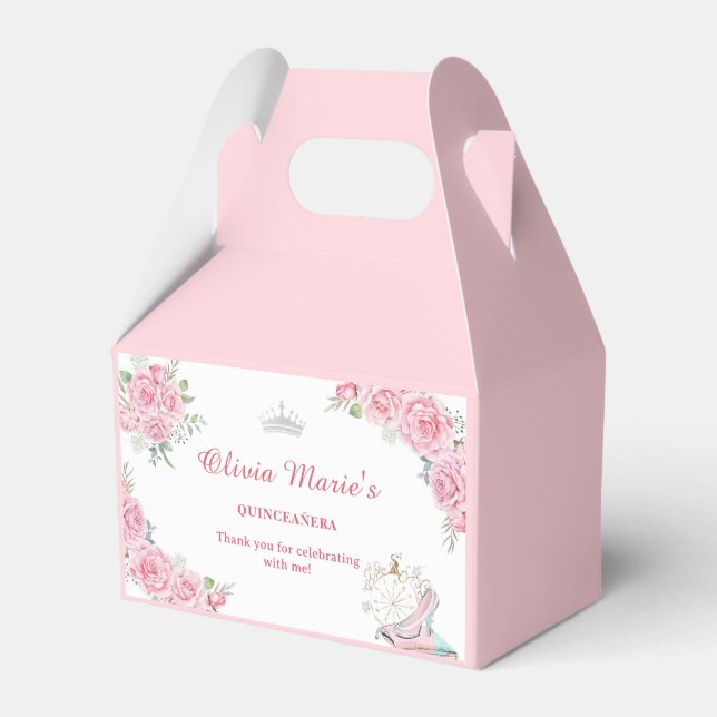 Quinceanera Blush Pink Floral Silver Crown  Favour Box (Front Side)