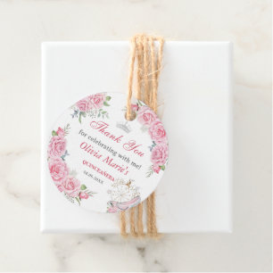 Quinceanera Blush Pink Floral Silver Crown  Favour Tags