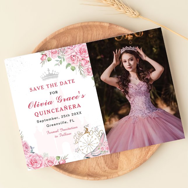 Quinceanera Blush Pink Floral Silver Crown Photo Save The Date (Creator Uploaded)