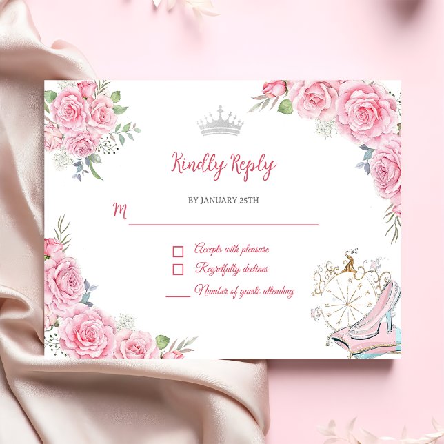 Quinceanera Blush Pink Floral Silver Crown  RSVP Card (Creator Uploaded)