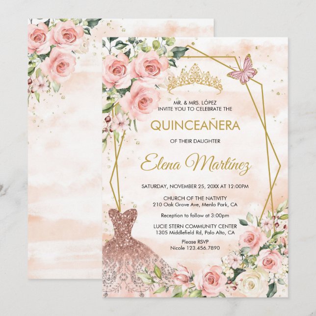 Quinceanera Blush Pink Flowers Butterfly Invitation (Front/Back)