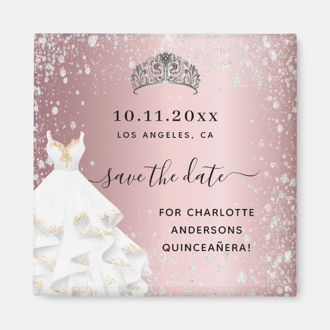 Quinceanera blush pink glitter dress save the date magnet (Front)
