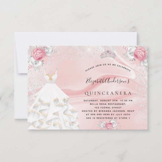 Quinceanera blush pink glitter dress tiara floral invitation (Front)