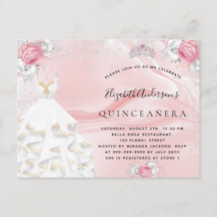 Quinceanera blush pink glitter dress tiara floral invitation postcard