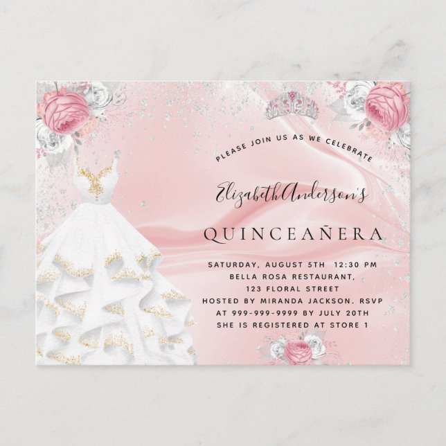 Quinceanera blush pink glitter dress tiara floral invitation postcard (Front)