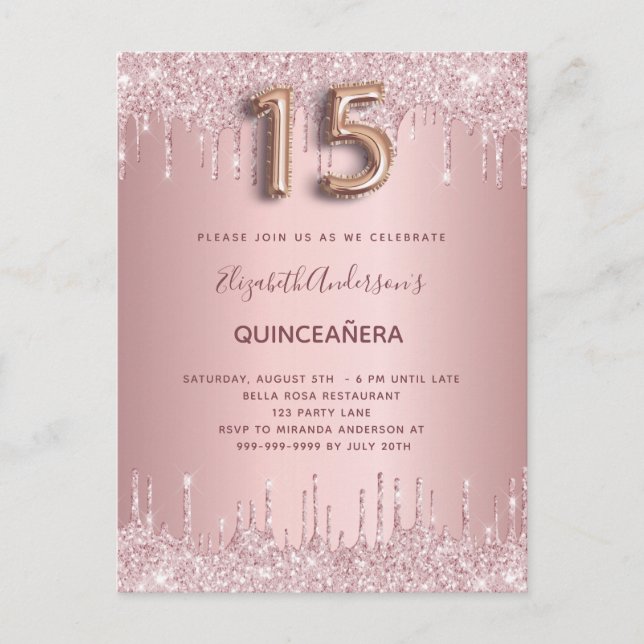 Quinceanera blush pink glitter drips invitation postcard (Front)