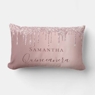 Quinceanera blush pink glitter drips monogram name lumbar cushion