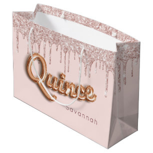 Quinceanera blush pink glitter drips rose gold large gift bag