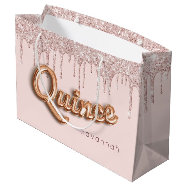 Quinceanera blush pink glitter drips rose gold large gift bag (Back Angled)