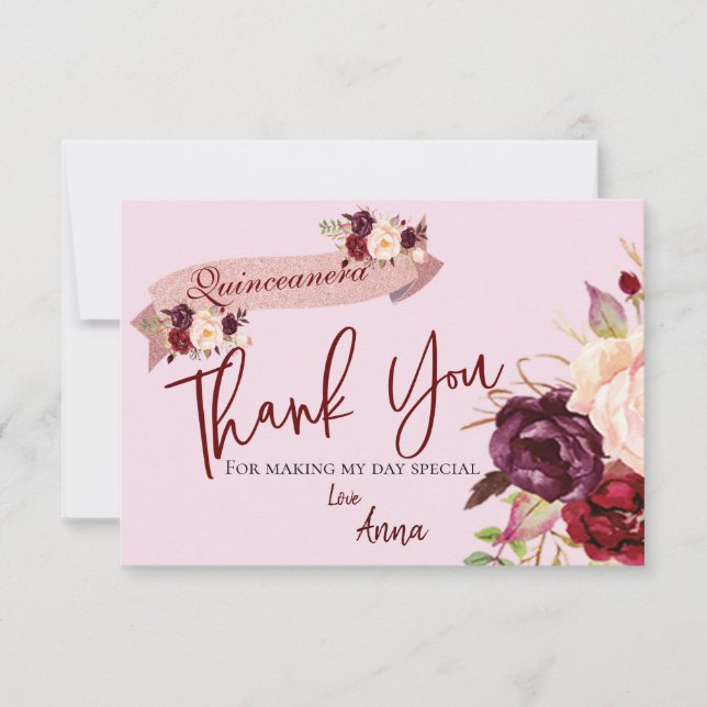 Quinceañera Blush Pink Glitter Floral Birthday Thank You Card (Front)