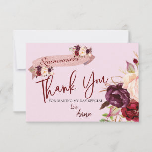 Quinceañera Blush Pink Glitter Floral Birthday Thank You Card