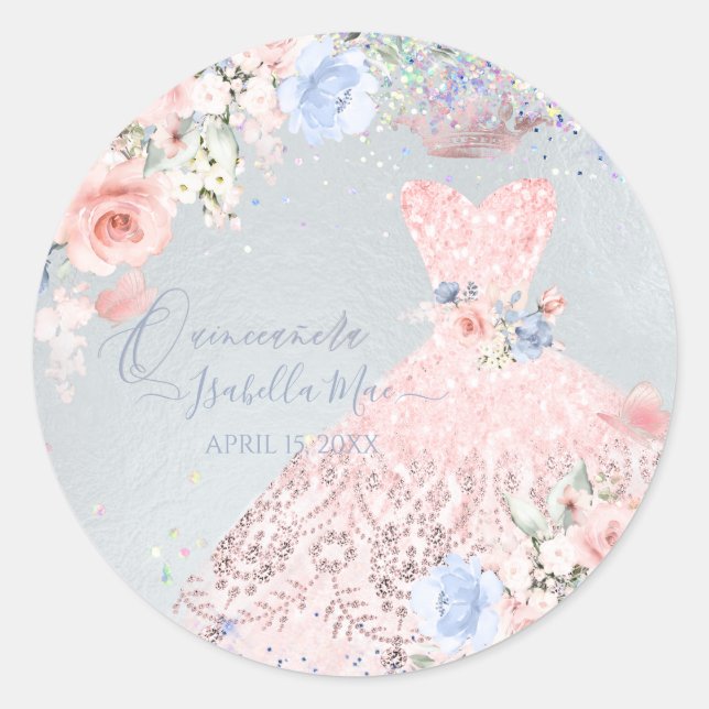 Quinceanera Blush Pink Glitter Gown Blush Roses Classic Round Sticker (Front)