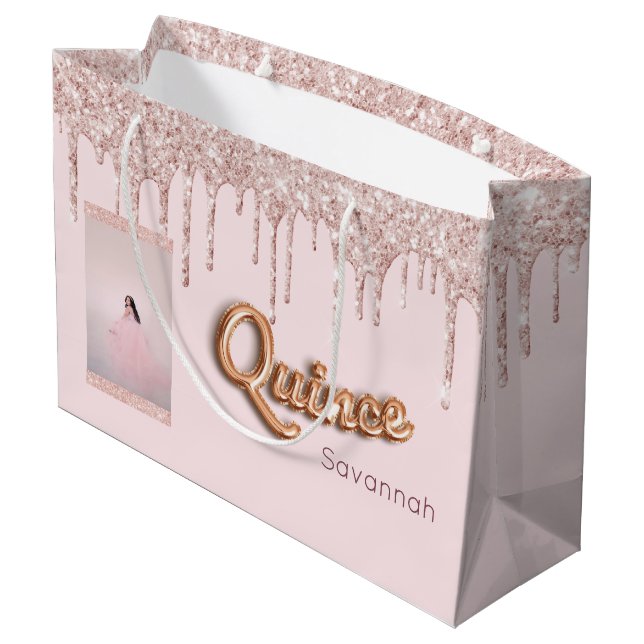 Quinceanera blush pink glitter photo rose gold large gift bag (Back Angled)