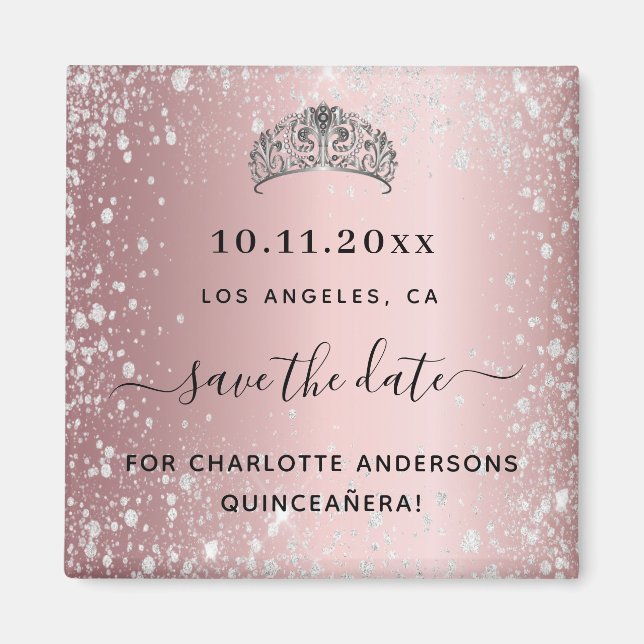Quinceanera blush pink glitter tiara save the date magnet (Front)