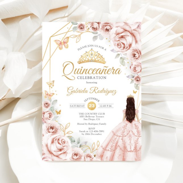 Quinceanera Blush Pink Gold Floral Dress Invitation (Creator Uploaded)