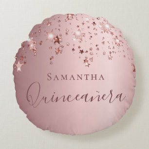 Quinceanera blush pink monogram name sparkle round cushion