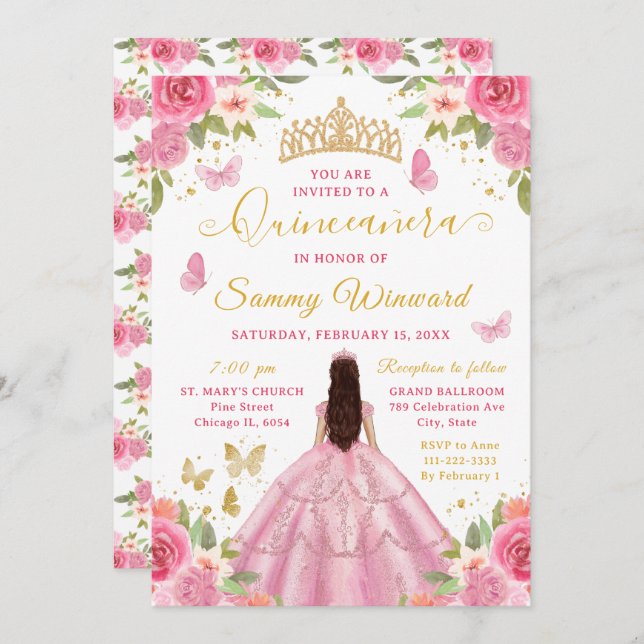 Quinceañera Blush Pink Princess Brunette Girl Invitation (Front/Back)