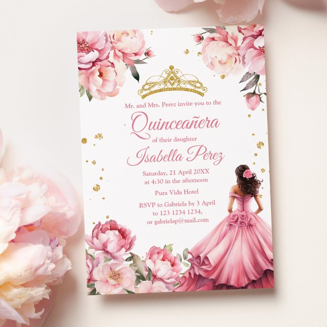 Quinceanera Blush Pink Princess Dress Tiara Invitation (Quinceanera Blush Pink Princess Dress Tiara Invitation on a table with light pink peonies.)