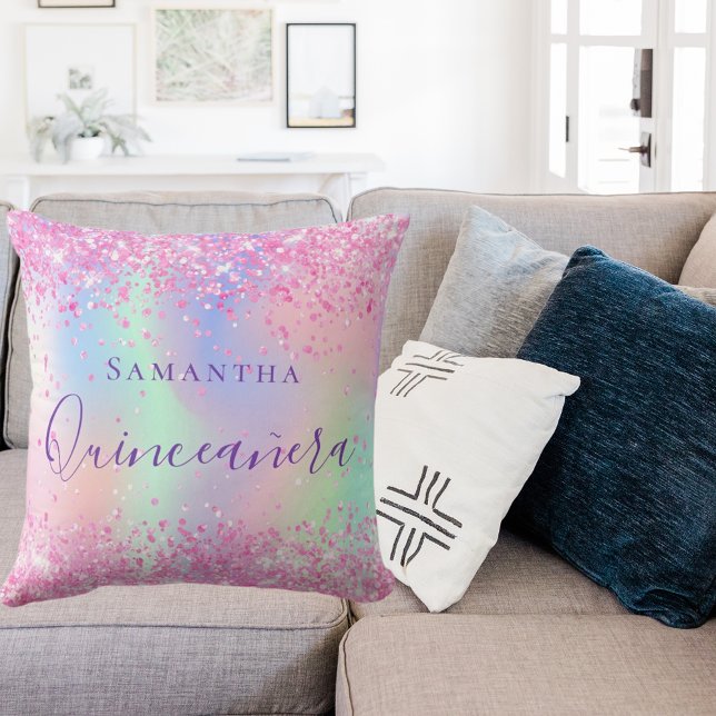 Quinceanera blush pink purple glitter holographic cushion (Creator Uploaded)