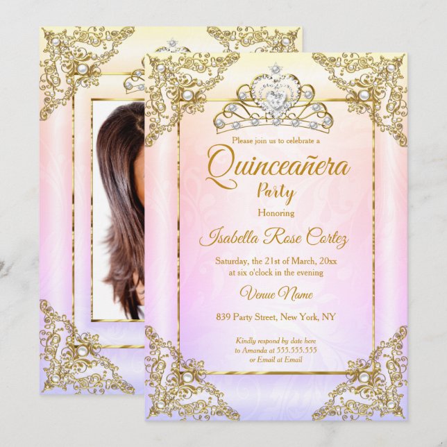 Quinceanera Blush Pink Purple photo Gold Tiara Invitation (Front/Back)