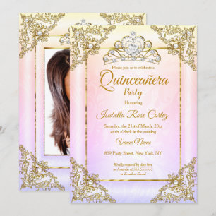 Quinceanera Blush Pink Purple photo Gold Tiara Invitation