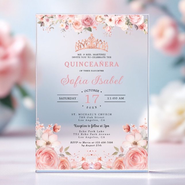 Quinceañera Blush Pink Rose Floral Acrylic Invitations (Creator Uploaded)