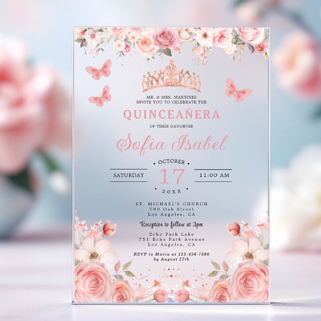 Quinceañera Blush Pink Rose Floral Butterfly Acrylic Invitations (Creator Uploaded)