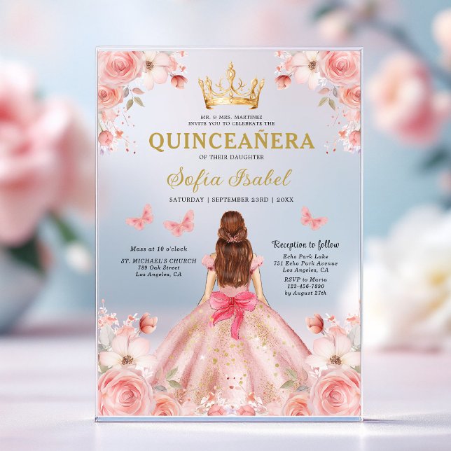 Quinceañera Blush Pink Rose Floral Butterfly Acrylic Invitations (Creator Uploaded)