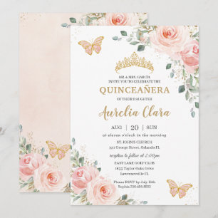 Quinceañera Blush Pink Rose Floral Butterfly Crown Invitation