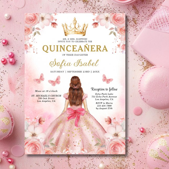 Quinceañera Blush Pink Rose Floral Butterfly Invitation (Creator Uploaded)