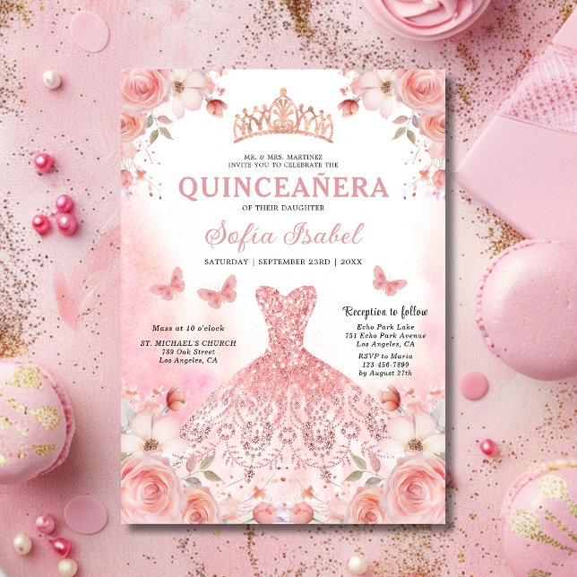 Quinceañera Blush Pink Rose Floral Butterfly Invitation (Creator Uploaded)