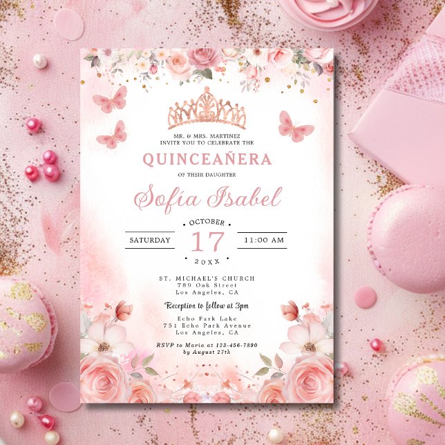 Quinceañera Blush Pink Rose Floral Butterfly Invitation (Creator Uploaded)