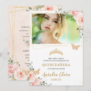 Quinceañera Blush Pink Rose Floral Butterfly Photo Invitation