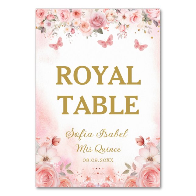 Quinceañera Blush Pink Rose Floral Butterfly Table Number (Front)