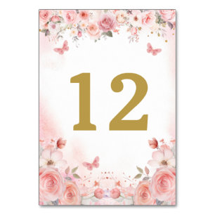 Quinceañera Blush Pink Rose Floral Butterfly Table Number