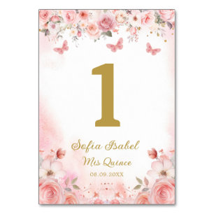 Quinceañera Blush Pink Rose Floral Butterfly Table Number