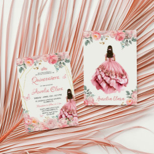 Quinceañera Blush Pink Rose Floral Butterfly Tiara Invitation