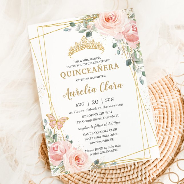 Quinceañera Blush Pink Rose Floral Butterfly Tiara Invitation (Creator Uploaded)