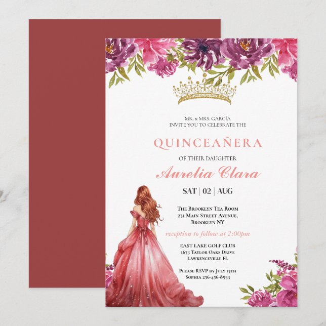 Quinceañera Blush Pink Rose Floral Butterfly Tiara Invitation (Front/Back)