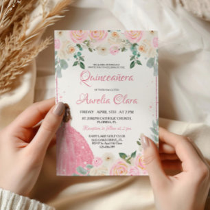 Quinceañera Blush Pink Rose Floral Tiara Invitation
