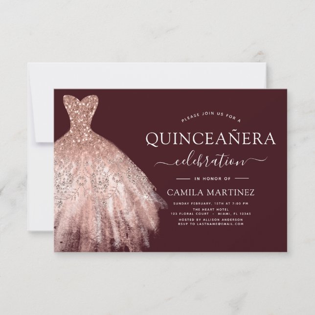 Quinceanera Blush Pink - Rose Gold Burgundy Invitation (Front)