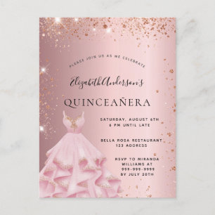 Quinceanera blush pink rose gold dress invitation postcard