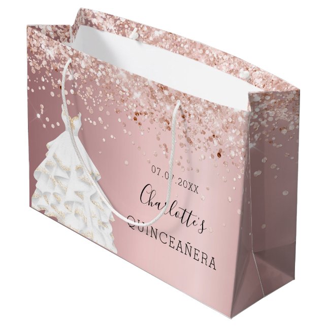 Quinceanera blush pink rose gold dress large gift bag (Back Angled)