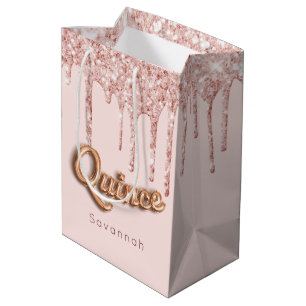 Quinceanera blush pink rose gold drips medium gift bag