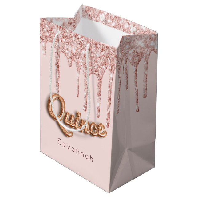 Quinceanera blush pink rose gold drips medium gift bag (Back Angled)
