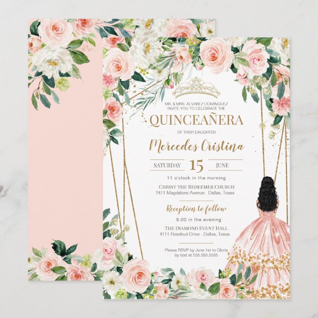 Quinceanera Blush Pink Rose Gold, Girl in Gown  Invitation (Front/Back)