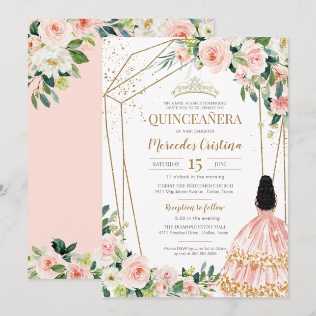 Quinceanera Blush Pink Roses and Gold, Girl Gown I Invitation (Front/Back)