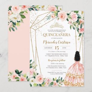 Quinceanera Blush Pink Roses and Gold, Girl Gown I Invitation