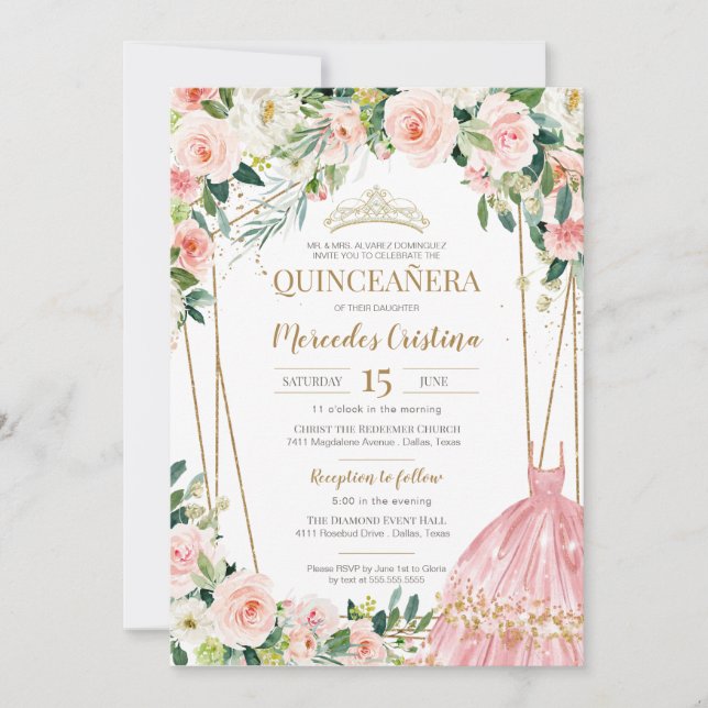 Quinceanera Blush Pink Roses and Gold Pearl Tiara  Invitation (Front)