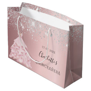 Quinceanera blush pink silver glitter dress glam large gift bag